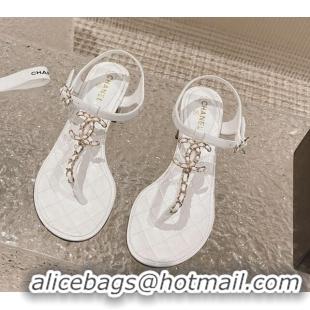 Pretty Style Chanel Lambskin Heel Thong Sandals 5cm with Chain CC White 525044