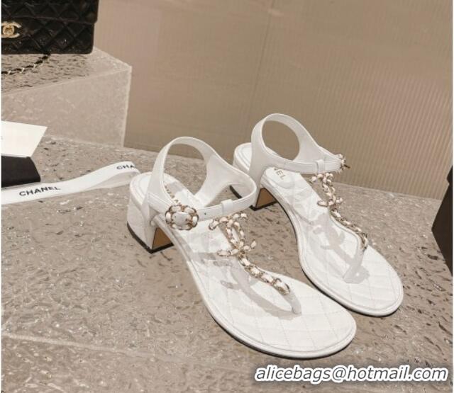 Pretty Style Chanel Lambskin Heel Thong Sandals 5cm with Chain CC White 525044