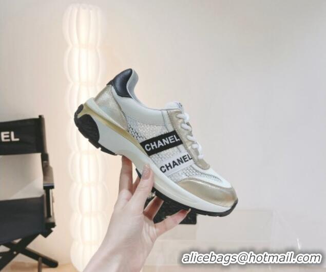 Sumptuous Chanel Calfskin and Mesh Sneakers with CHANEL Band Gold/White 525084