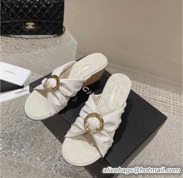 Stylish Chanel Lambskin Wedge Slide Sandals with Buckle 7cm White 619103 