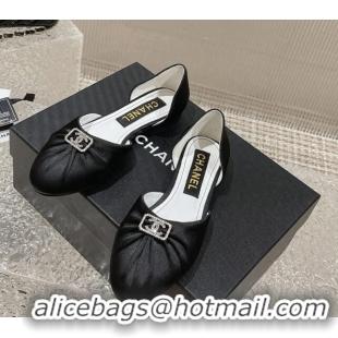 Good Quality Chanel Satin Silk Flat Open Ballerinas with Crystal CC Black 703064