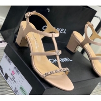 Charming Chanel Lambskin Heel Sandals 4.5cm with Chain and Crystal CC G39645 Beige 327028