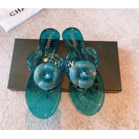 Stylish Chanel Camellia Bloom PVC Flat Thong Sandals Green 0327045