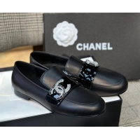 Best Product Chanel Calfskin Loafers with Crystal CC Black 328037