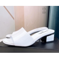 Duplicate Chanel Patent Calfskin Slide Sandals 4.5cm G38689 White 328042
