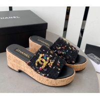 Good Quality Chanel Tweed Platform Heel Slide Sandals 7.5cm Black 328065