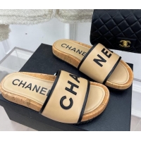Good Product Chanel Calfskin Flat Slide Sandals Beige 504084