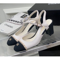Good Quality Chanel Calfskin Heel Sandals 6.5cm with Chain White 505101