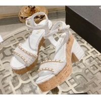Best Grade Chanel Tweed Heel Sandals 10.5cm with Chain White 524122