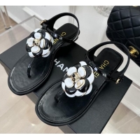 Popular Style Chanel Patent Leather Flat Thong Sandals with Camellia Bloom Black/White 525028