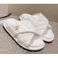 Grade Quality Chanel Quilted Nylon Slide Sandals with Cross Strap White 527014