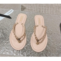Popular Style Chanel Leather Flat Thong Slide Sandals with Chain Nude 619096
