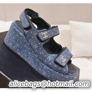 Popular Style Chanel Denim Wedge Sandals 7.5cm Blue 071053