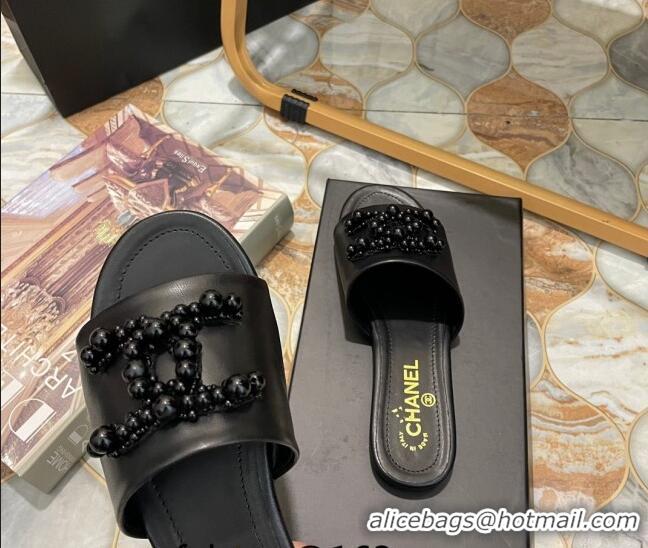 1:1 aaaaa Chanel Calfskin Flat Slide Sandals with Pearl CC Black 801113