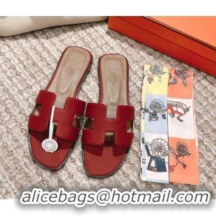 Stylish Hermes Classic Oran Flat Slide Sandals in Grained Leather Burgundy 0530051