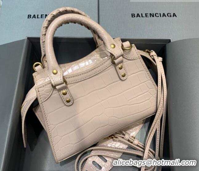 Inexpensive Balenciaga Neo Classic Mini Bag in Shiny Crocodile Embossed Leather 638512 Nude/Gold