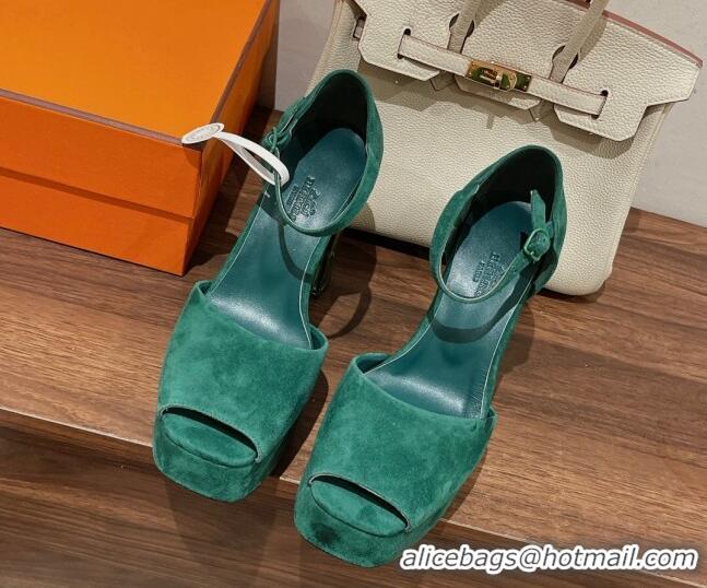 Discount Hermes Fever Suede Platform Sandals 11cm Green 625022