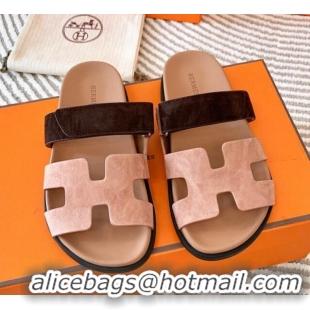 Best Price Hermes Chypre Flat Sandals in Suede Nude/Brown 724142