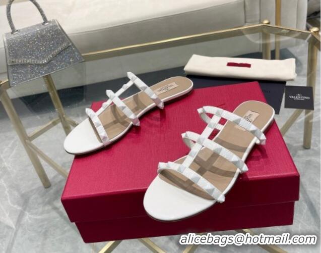 Popular Style Valentino Rockstud Patent Leather Flat Slide Sandals All White 613184