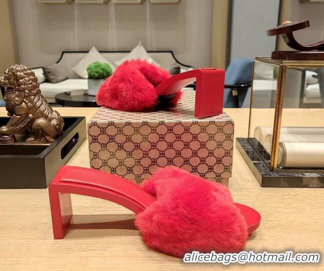 Cheap Price Balenciaga Furry Heel Slide Sandals 6.5cm Red 619014