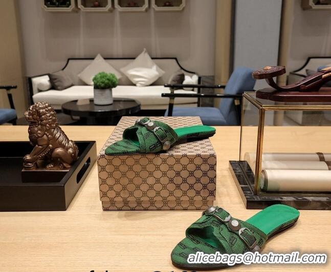 Top Quality Balenciaga Cagole Flat Slide Sandals in Logo Fabric Green 619018