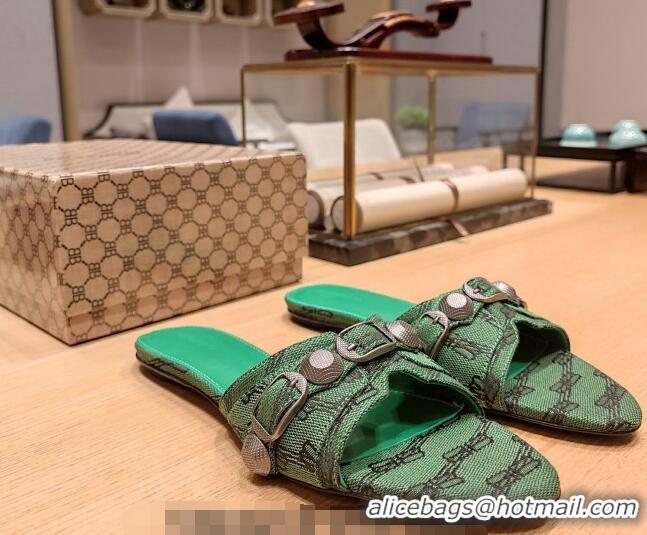 Top Quality Balenciaga Cagole Flat Slide Sandals in Logo Fabric Green 619018