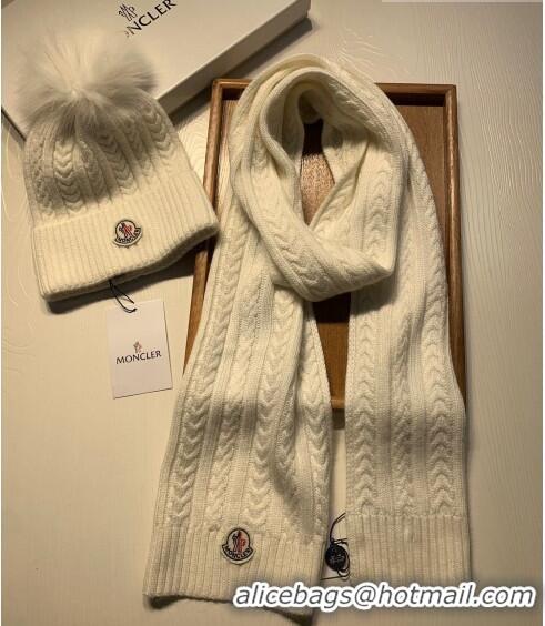 Famous Brand Moncler Wool Knit Hat and Scarf Set M092373 White 2022