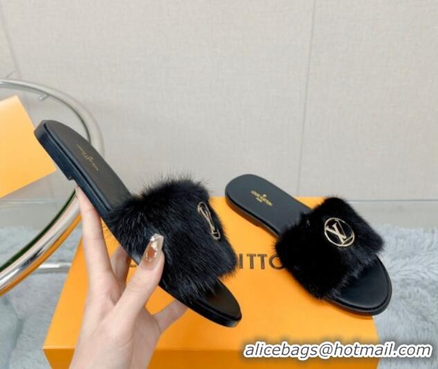 Stylish Louis Vuitton LV Mink Fur Flat Slide Sandals Black 609047