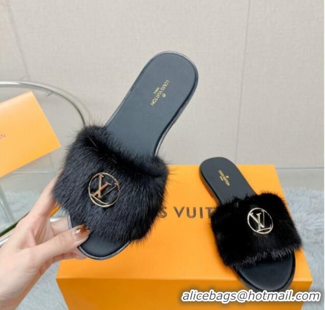 Stylish Louis Vuitton LV Mink Fur Flat Slide Sandals Black 609047