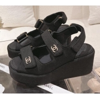 Good Quality Chanel Fabric Wedge Sandals 7.5cm Black 071046