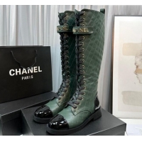 Durable Chanel Quilted Lambskin & Patent Calfskin Lace-ups High Boots Green 801074