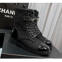 Sophisticated Chanel Tweed & Patent Calfskin Lace-ups Ankle Boots G45005 Black 801079