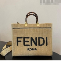 Top Grade Fendi Sunshine Straw Medium Shopper Bag F0081 Beige/Black 2023