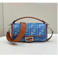 Classic Fendi Baguette Medium Bag in Denim with FF embroidery F0093 Light Blue 2023