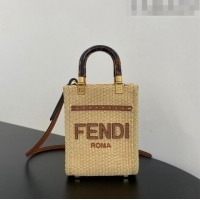 Low Cost Fendi Mini Sunshine Shopper Bag in Raffia Straw F7119 Beige/Brown 2023