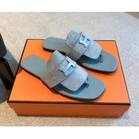 Hermes Galerie Flat Thong Slide Sandals in Suede Light Grey 525164 