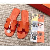Luxury Hermes Classic Oran Calfskin Flat Slide Sandals Orange 530034