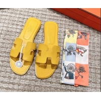 Low Price Hermes Classic Oran Calfskin Flat Slide Sandals Yellow 0530036
