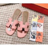 Charming Hermes Classic Oran Flat Slide Sandals in Grained Leather Light Pink 30530049