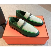Fashion Luxury Hermes Destin loafers in calfskin and fringed canvas Green 530057