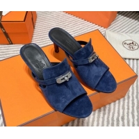 Classic Hot Hermes Suede Heel Slide Sandals 7cm with Kelly Buckle Blue 0531028
