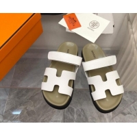 Stylish Hermes Chypre Slide Sandals in Palm-Grained Leather White/Khaki 620114