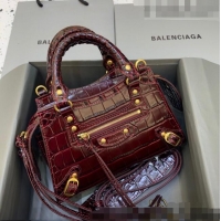 Promotional Balenciaga Neo Classic Mini Bag in Crocodile Embossed Leather 638512 Burgundy/Gold