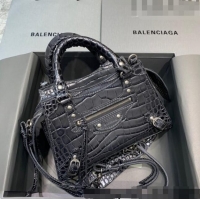 Well Crafted Balenciaga Neo Classic Mini Bag in Crocodile Embossed Leather 638512 Charcoal Black/Silver