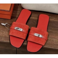 Top Design Hermes Giulia Flat Sandals in Suede and Leather Orange Red 725007