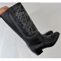 Lower Price Hermes Embroidery High Boot 4cm Heel in Black Leather 372514