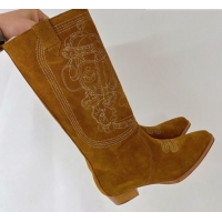 Stylish Hermes Embroidery High Boot 4cm Heel in Brown Suede 2372512