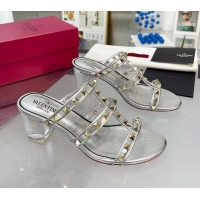 Best Grade Valentino Rockstud Slide Sandals in Polymer Material with Plexi Heel 6cm Silver 613147