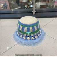 Famous Brand Prada Crochet Bucket Hat with Fur Charm PR08152 Blue 2023