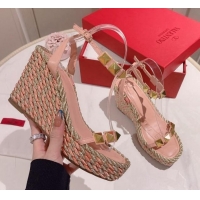 Good Quality Valentino Roman Stud Wedge Sandals 10cm in Calfskin Pink/Gold 613167
